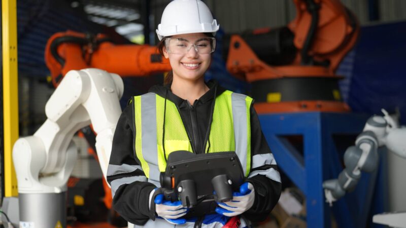 Business industry innovation technology, people with tech Innovation technological progress concept. Robotic Arm engineer check on equipment in its with software of an Artificial Intelligence Computer Processor Unit.
High Tech Robotic Arm with an Artificial Intelligence Computer Processor Unit in its.
